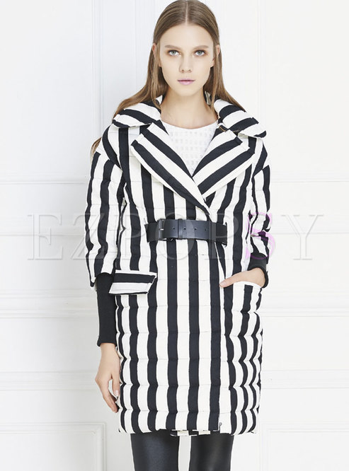 Lapel Striped Belted Mid-length Down Coat