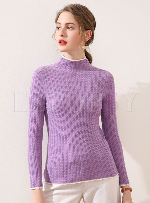 Mock Neck Color-blocked Slim Pullover Sweater