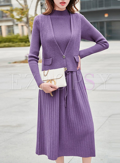 Long Sleeve Drawstring Sweater Dress With Vest