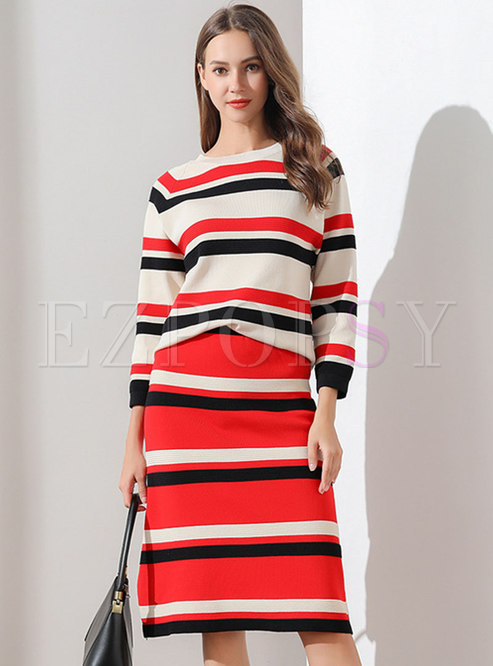 Striped Color-blocked Knitted Skirt Suits
