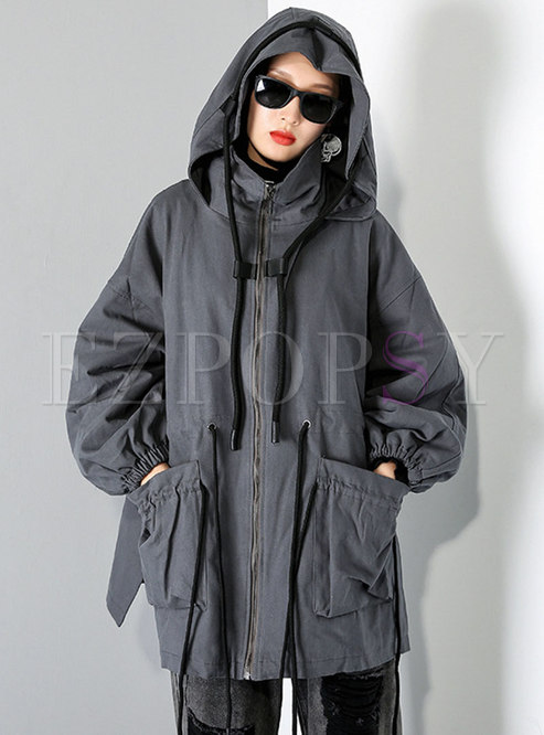 Hooded Plus Size Drawstring Straight Coat