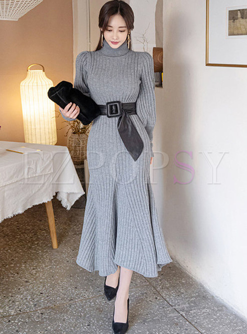 Turtleneck Long Knitted Peplum Dress Without Belt