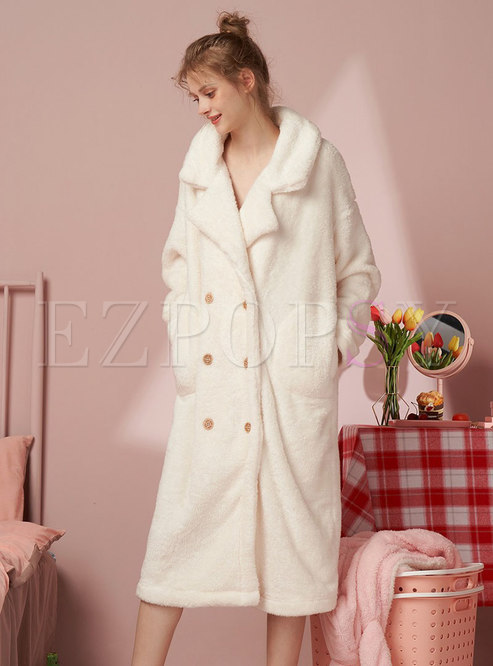 Lapel Double-breasted Long Coral Robe
