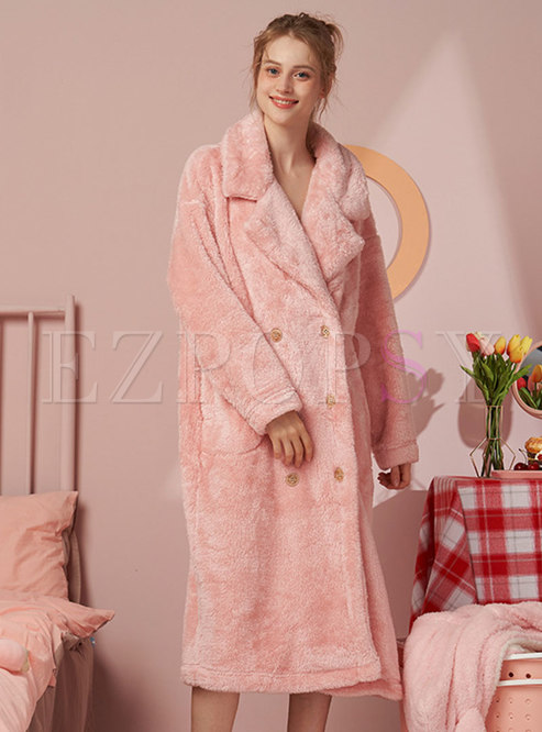 Lapel Double-breasted Long Coral Robe