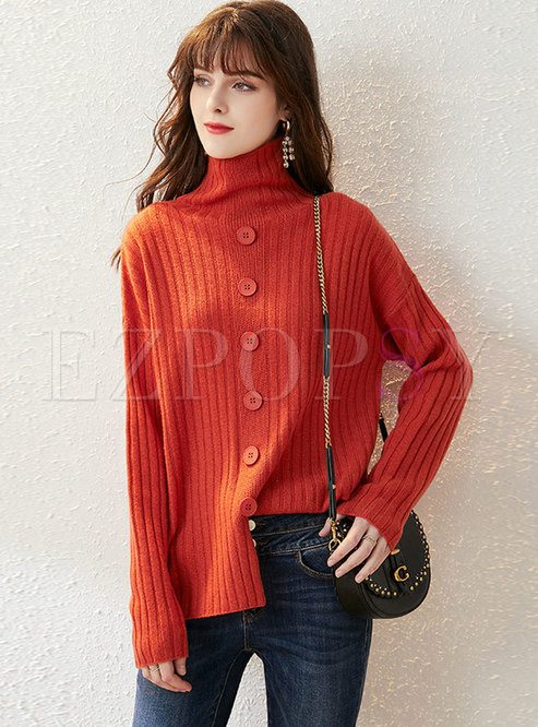 Turtleneck Pullover Buttons Ribbed Sweater