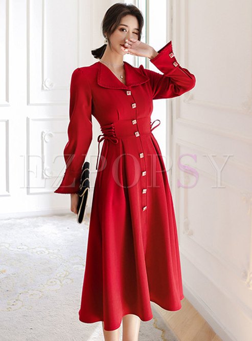 Red Lapel Drawstring Plus Size Cocktail Dress