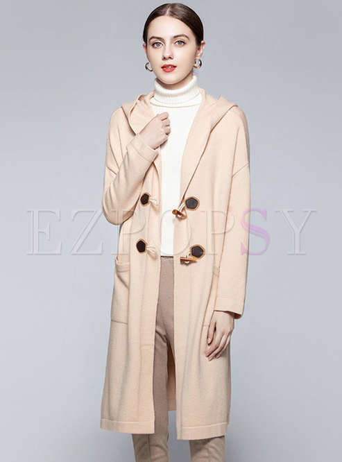 Long Sleeve Hooded Horn Buttons Knitted Coat