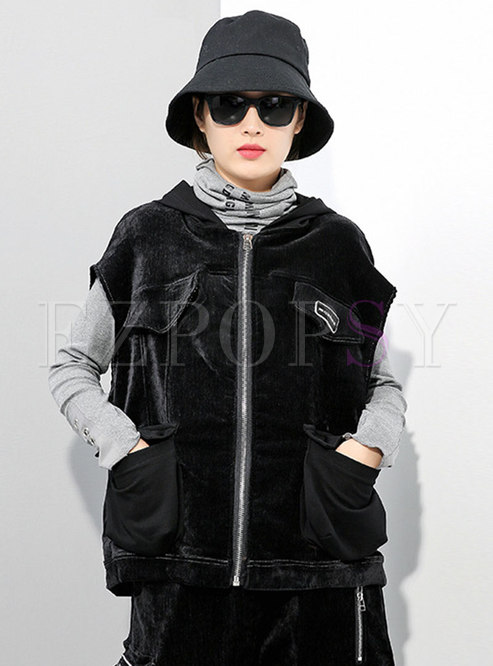 Black Plus Size Hooded Sleeveless Vest