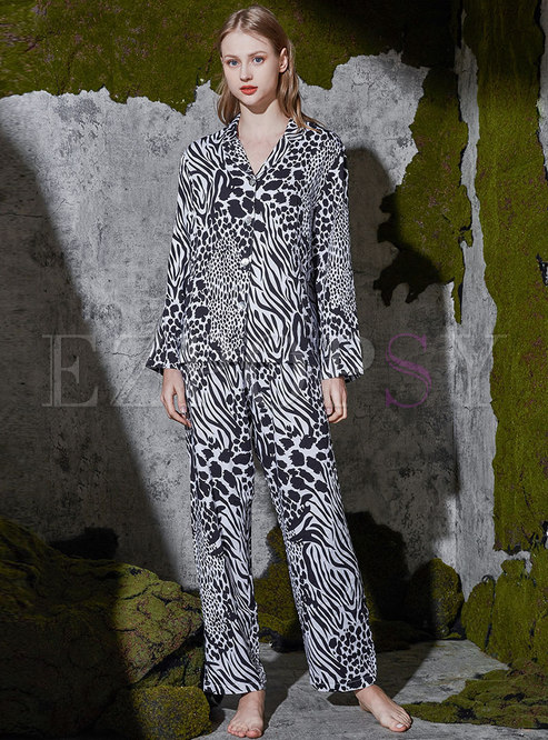 Lapel Leopard Print Casual Pajama Set