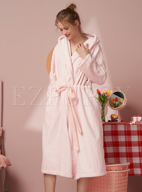 Hooded Coral Drawstring Plus Size Robe