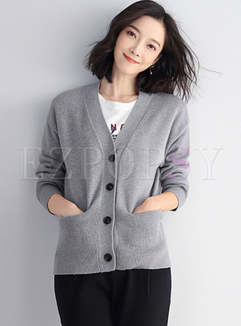 V-neck Long Sleeve Solid Cardigan With Pockets