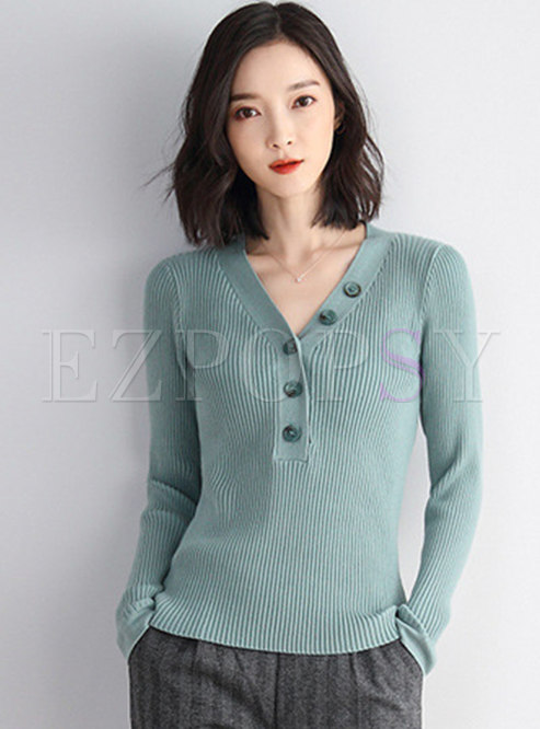 V-neck Pullover Slim Sweater With Buttons