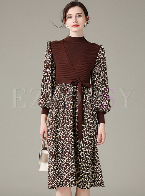 Lantern Sleeve Knitted Patchwork Floral Dress