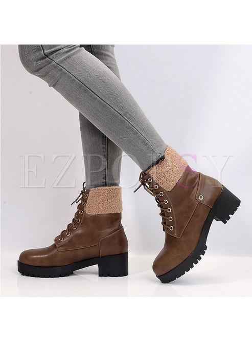 Rounded Toe Lambswool Patchwork Ankle Boots