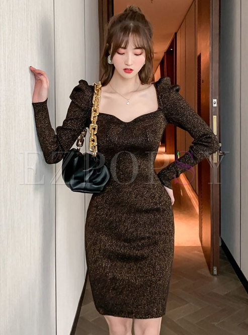 Puff Sleeve V-neck Bodycon Knitted Dress