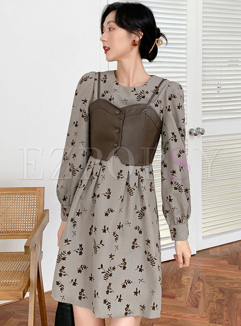 Print Long Sleeve Mini Dress With PU Camisole