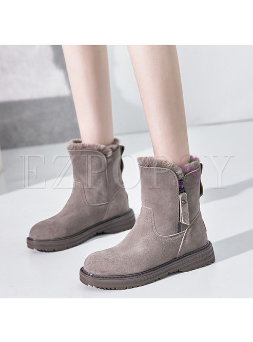 Plush Rounded Toe Side Zipper Ankle Boots