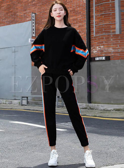 Striped Patchwork Pullover Sweatshirt Pant Suits