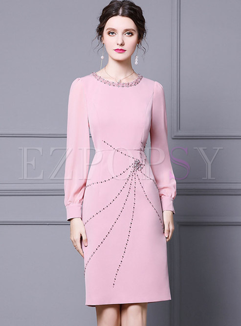 Pink Beaded Knee-length Bodycon Cocktail Dress