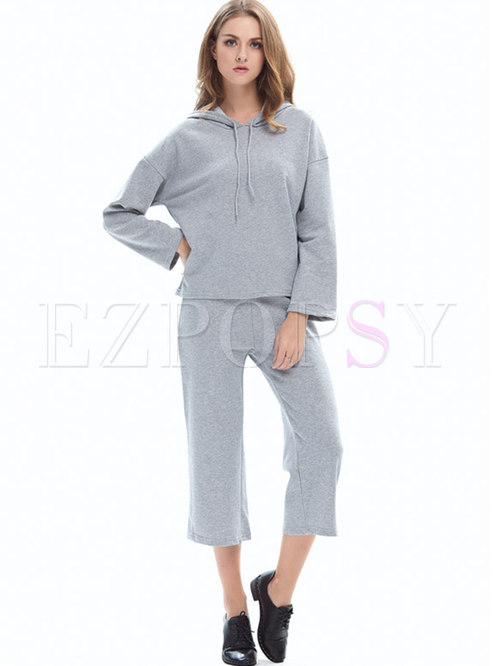 Hooded Solid Casual Straight Pant Suits