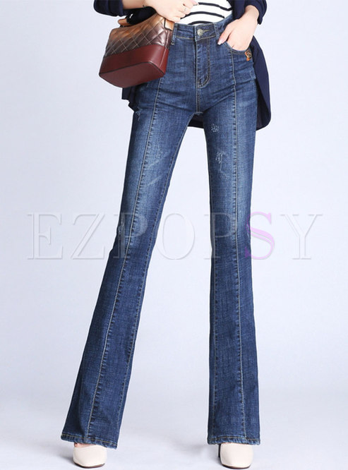 High Waisted Solid Denim Flare Pants