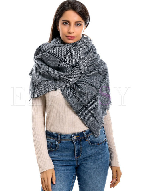 Faux Cashmere Fringed Plaid Winter Scarf