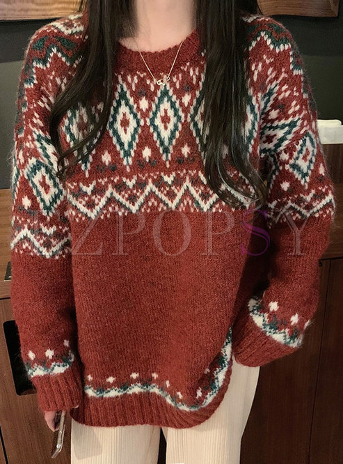 Color-blocked Pullover Geometric Print Sweater