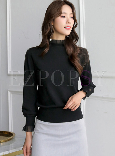 Mock Neck Mesh Patchwork Pullover Sweater