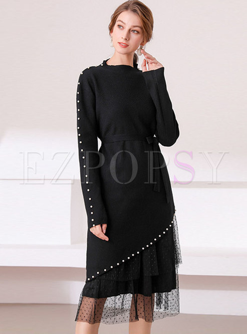 Black Beaded Polka Dot Mesh Knitted Two Piece Dress