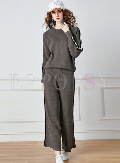 Crew Neck Striped Patchwork Knitted Pant Suits