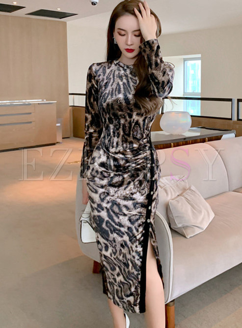 Leopard Print Split Velvet Bodycon Dress