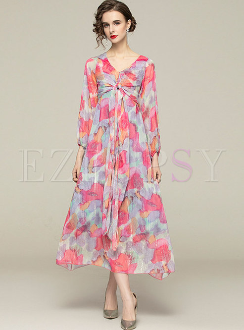 Dresses | Maxi Dresses | Ruched Print Lantern Sleeve Chiffon Maxi Dress