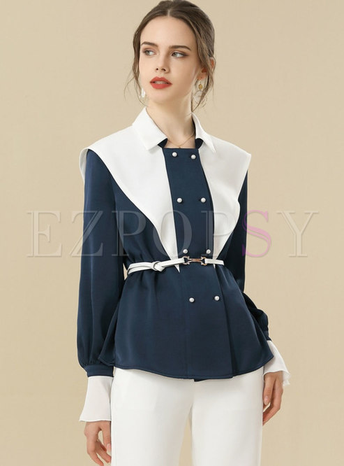 Color-blocked Belted Lapel Loose Blouse