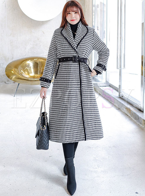 Lapel Houndstooth Belted A Line Long Overcoat