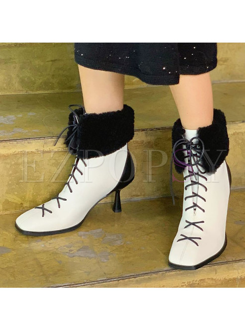 Lambswool Patchwork Lace-up Ankle Boots