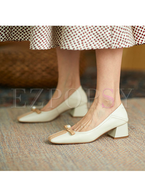 Square Toe Color Block Chunky Heel Shoes