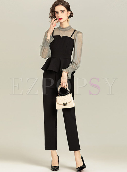 Ruffle Patchwork High Waisted Slim Pant Suits
