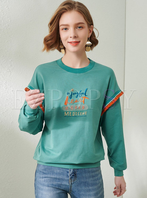 Letter Embroidered Pullover Lettuce Sweatshirt