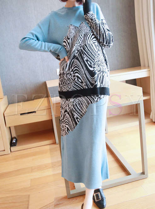 Print Pullover Loose Split Knitted Skirt Suits