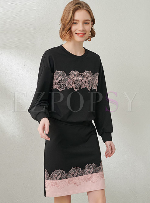 Casual Lace Embroidered Sweatshirt Skirt Suits