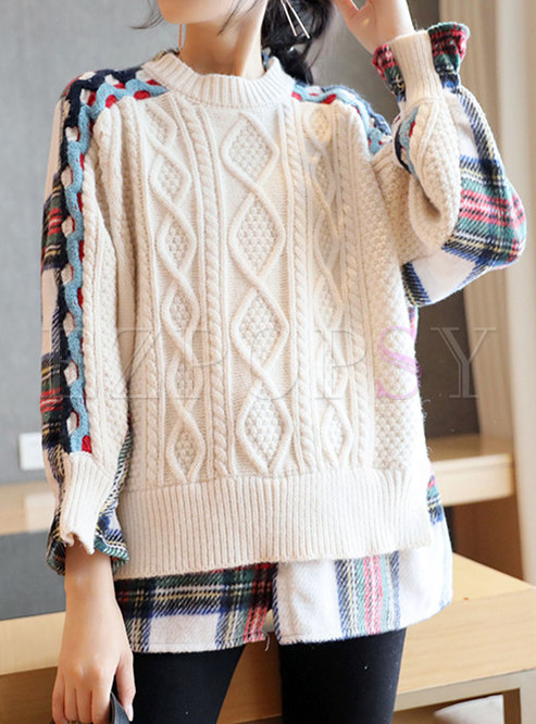 Plaid Patchwork Pullover Cable-knit Sweater