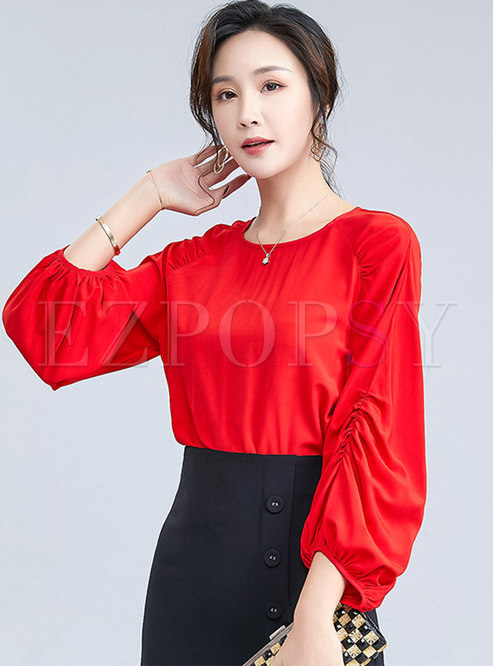 Tops | Blouses | Crew Neck Raglan Sleeve Ruched Chiffon Blouse