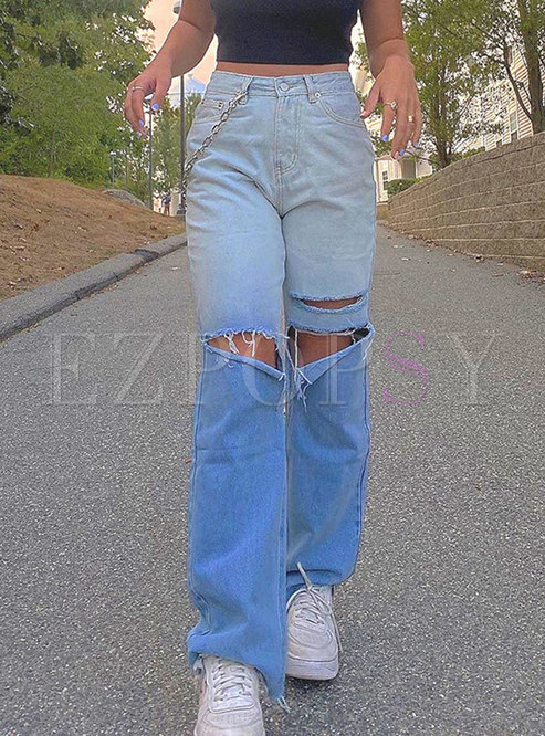 High Waisted Ripped Denim Straight Pants