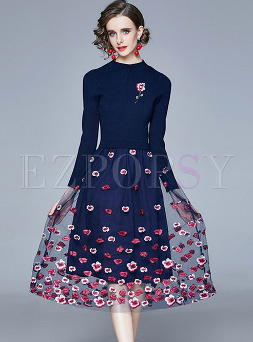 Long Sleeve Mesh Embroidered Patchwork Knitted Dress