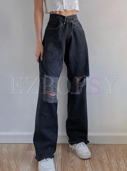 High Waisted Straight Ripped Denim Pants