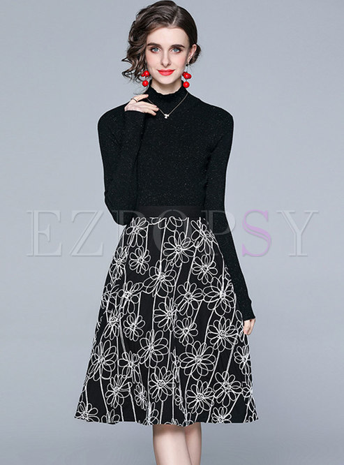Black Long Sleeve Print Knee-length Skirt Suits