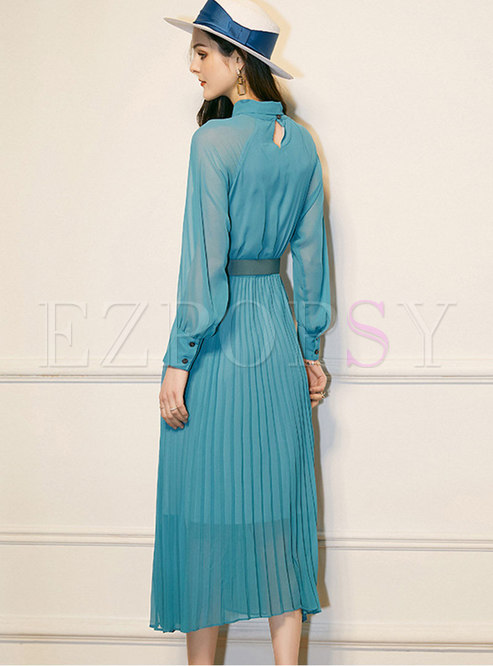 Dresses Maxi Dresses Mock Neck Bowknot Pleated Maxi Dress 2896