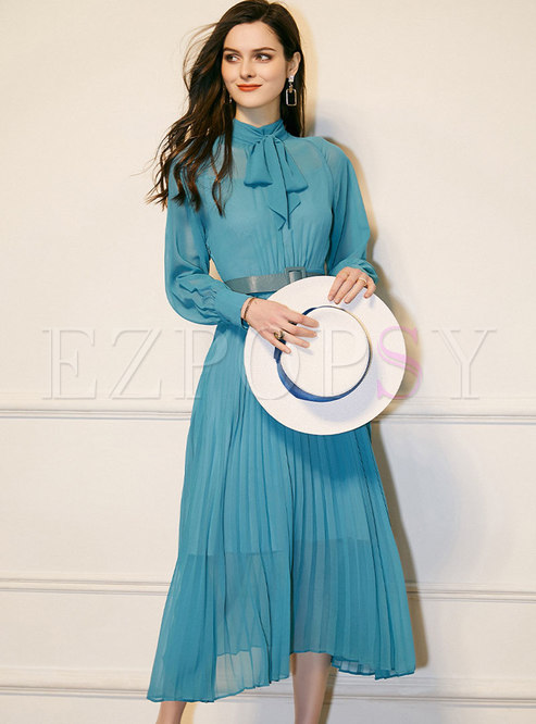 Dresses Maxi Dresses Mock Neck Bowknot Pleated Maxi Dress 1259