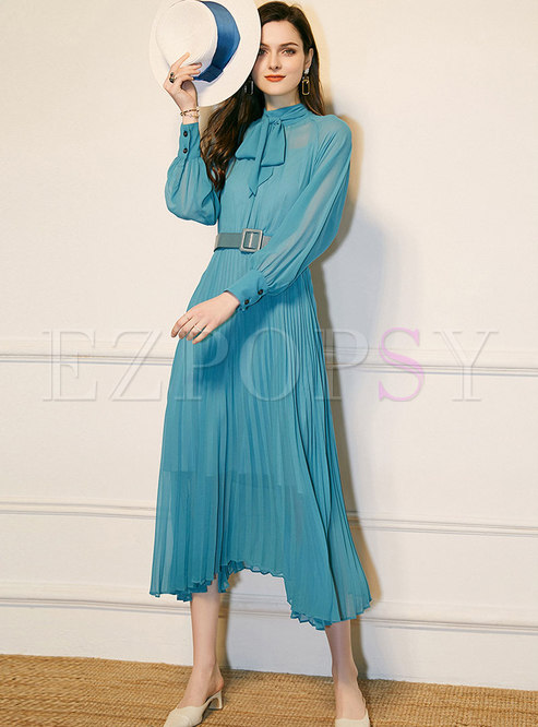 Dresses Maxi Dresses Mock Neck Bowknot Pleated Maxi Dress 7810