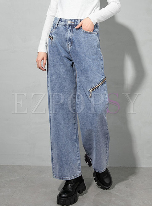 High Waisted Straight Solid Denim Pants